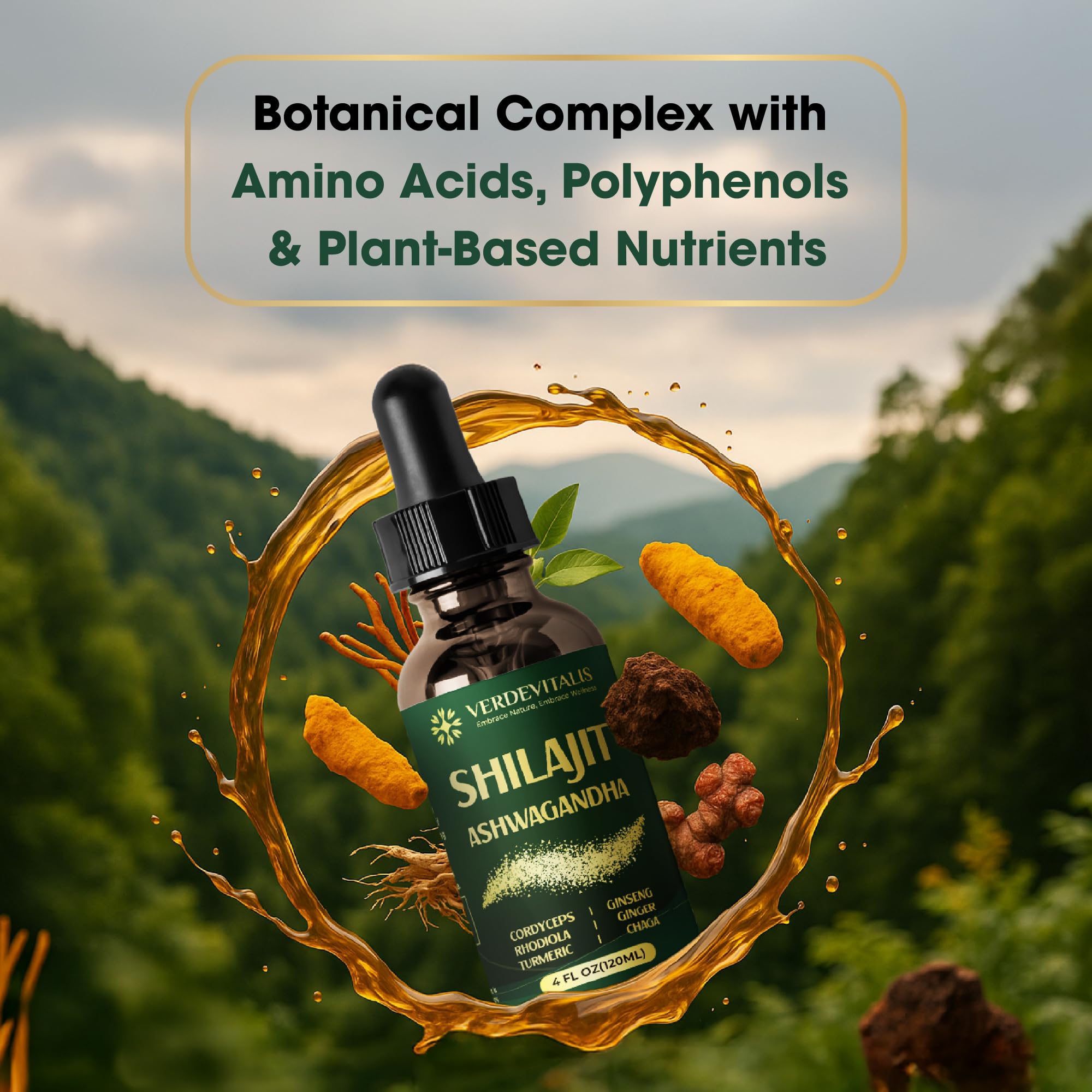 VERDEVITALIS 8in1 Shilajit liquid label highlighting adaptogenic herbs