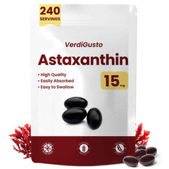 VerdiGusto astaxanthin softgels bottle front promotes antioxidant support for daily wellness.