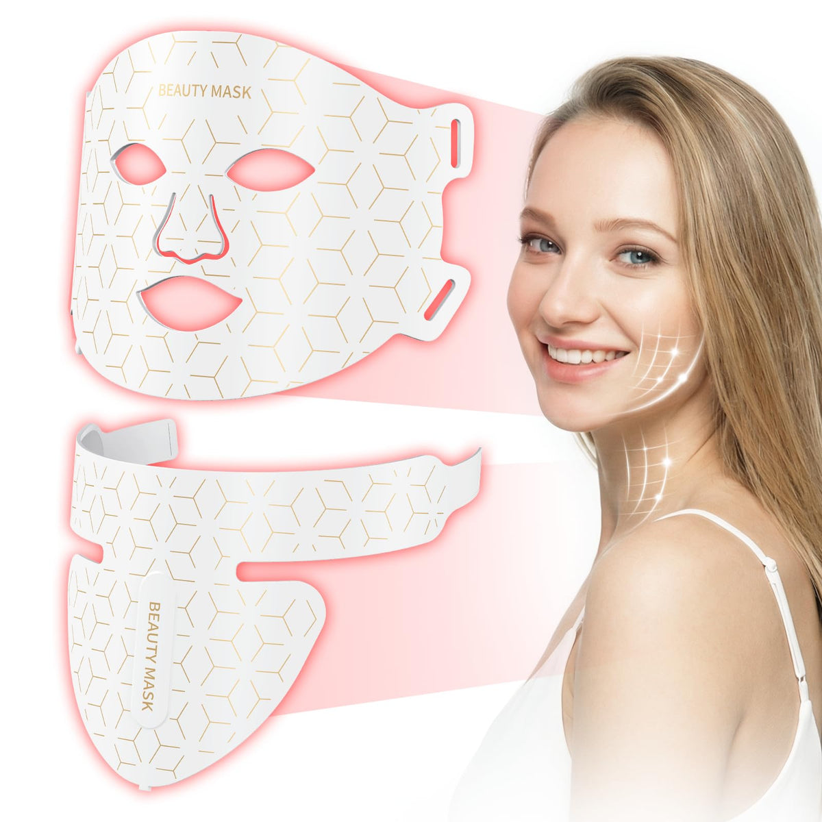 Verfubo red light mask on face-neck close-up for at-home skin rejuvenation.