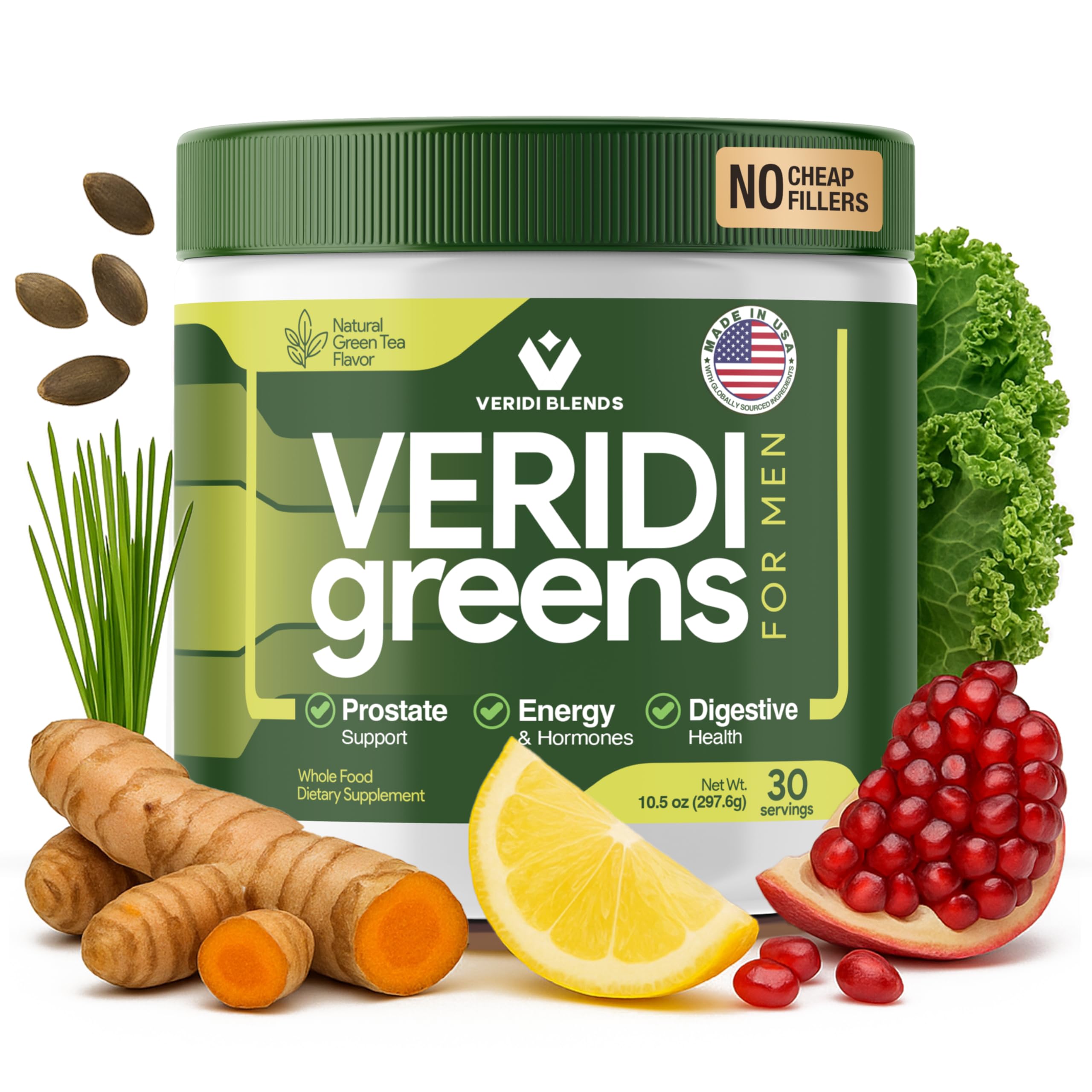 Veridi Greens for Men 40+ bottle back showing ingredients and labeling.