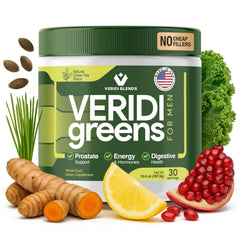 Veridi Greens for Men 40+ bottle back showing ingredients and labeling.