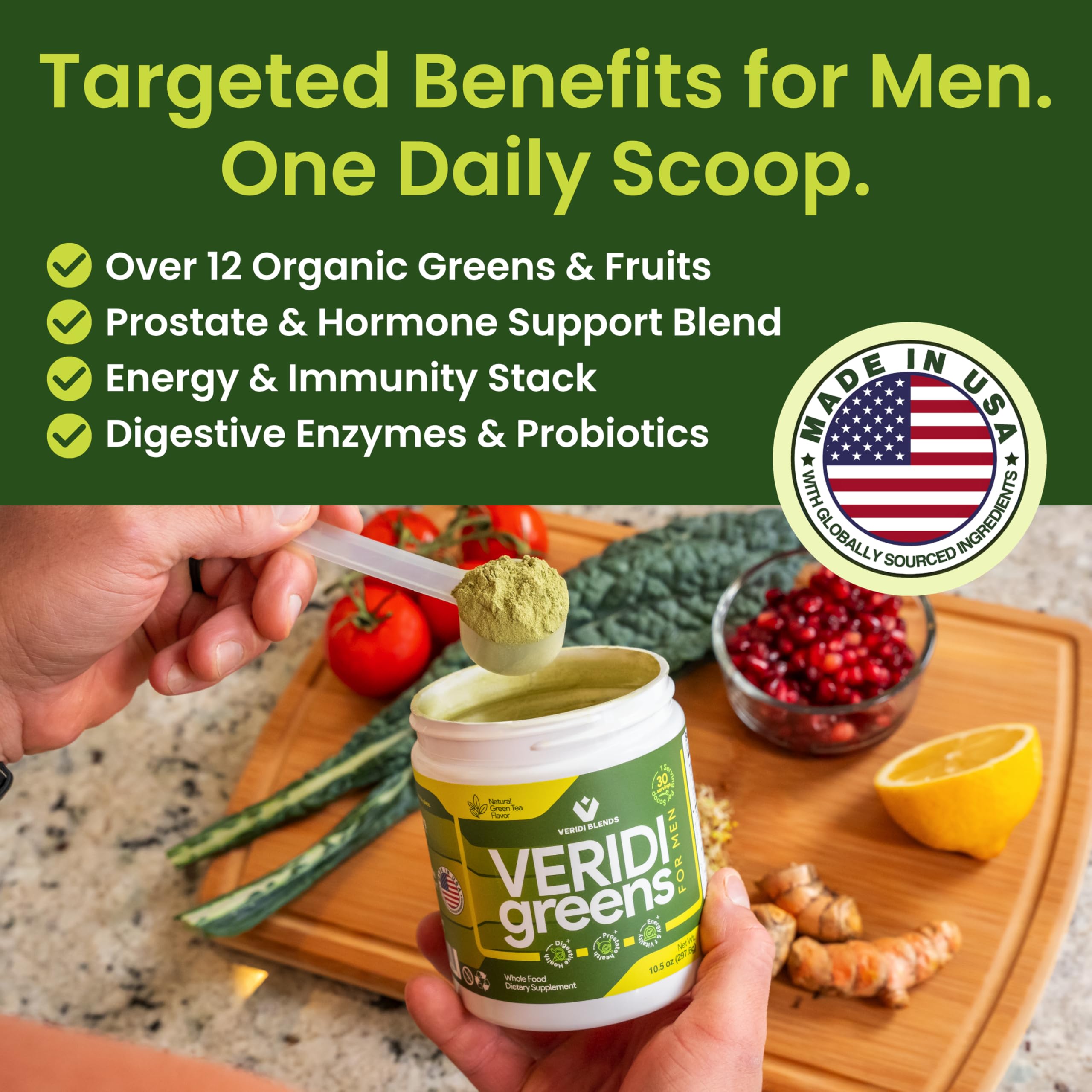 Veridi Greens icon featuring saw palmetto and zinc for hormone-related support.