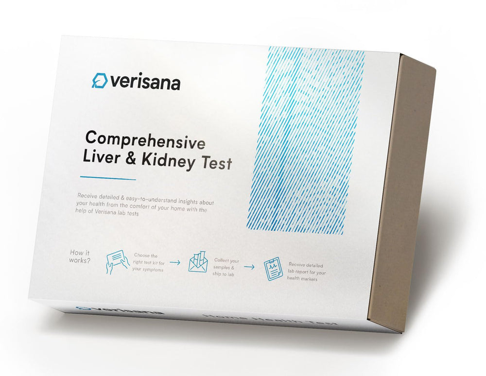 Verisana comprehensive test kit for liver and kidney health, ready for at-home collection.