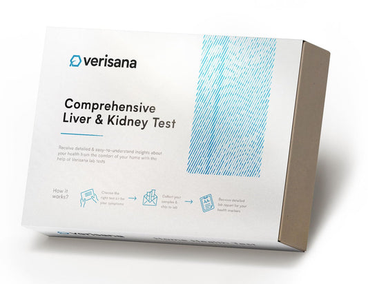 Verisana comprehensive test kit for liver and kidney health, ready for at-home collection.