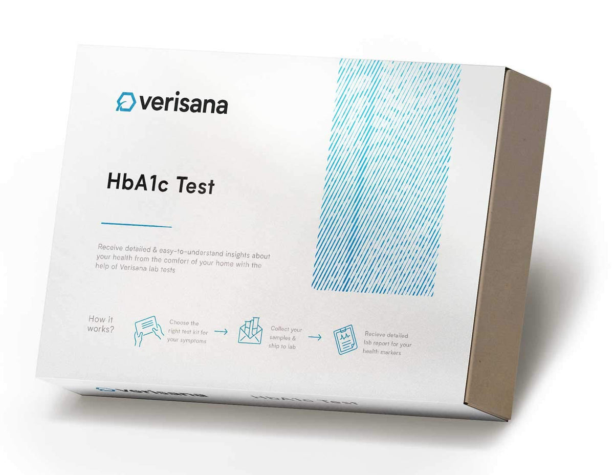 Verisana HbA1c at home kit packaging shown for convenient finger-prick collection