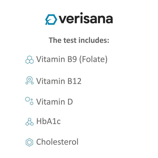Verisana test kit with finger-prick sample in progress for quick health insights.