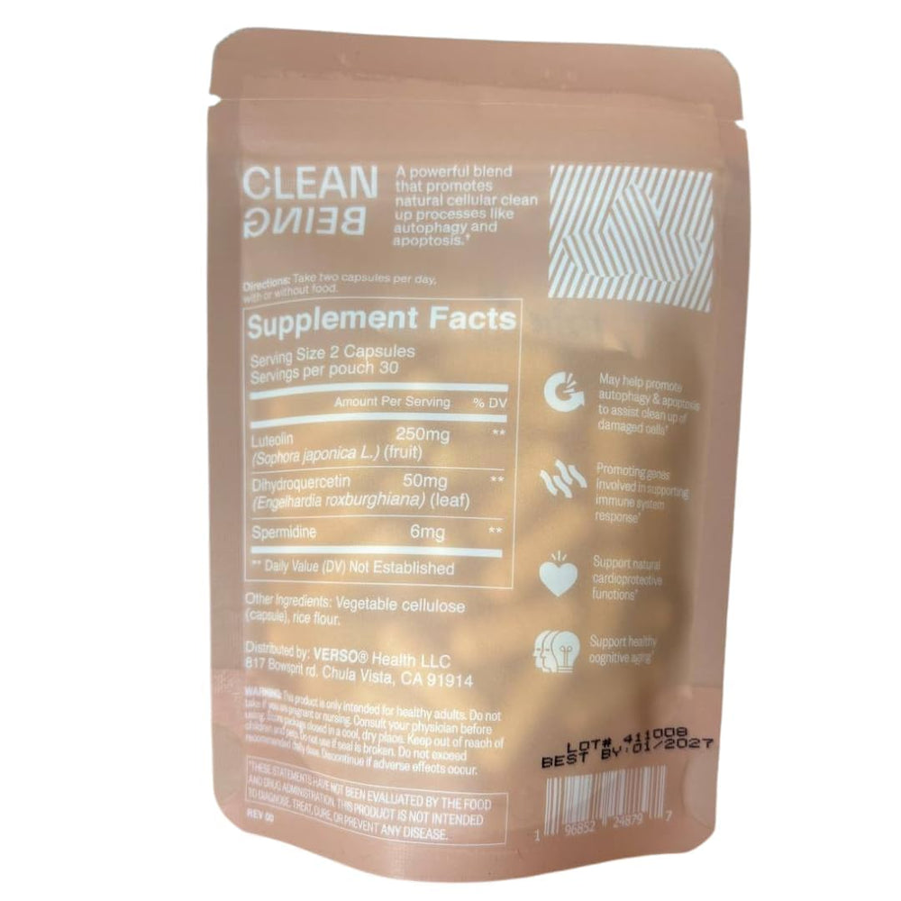 Verso Clean Being label close-up showcasing vegan formula for vitality