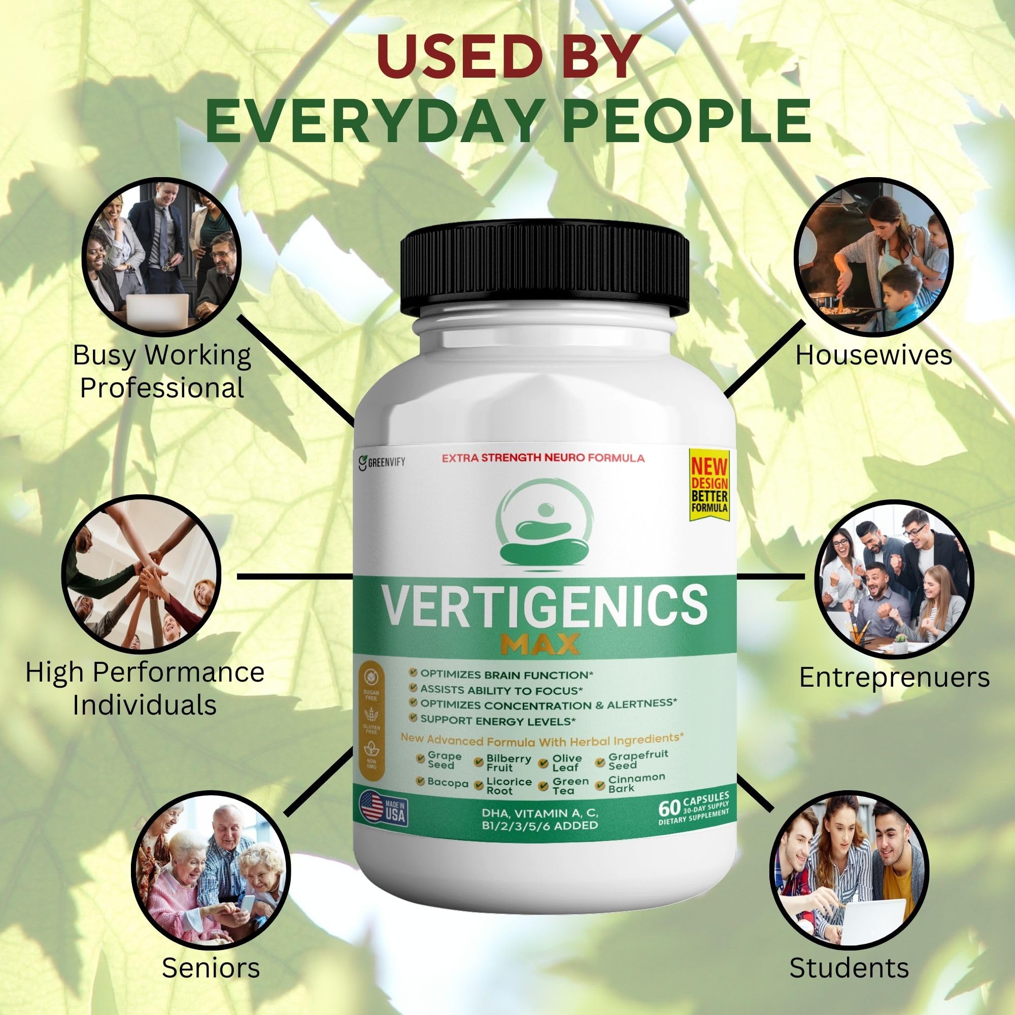 Vertigenics Max bottle beside a glass hints natural energy boost.