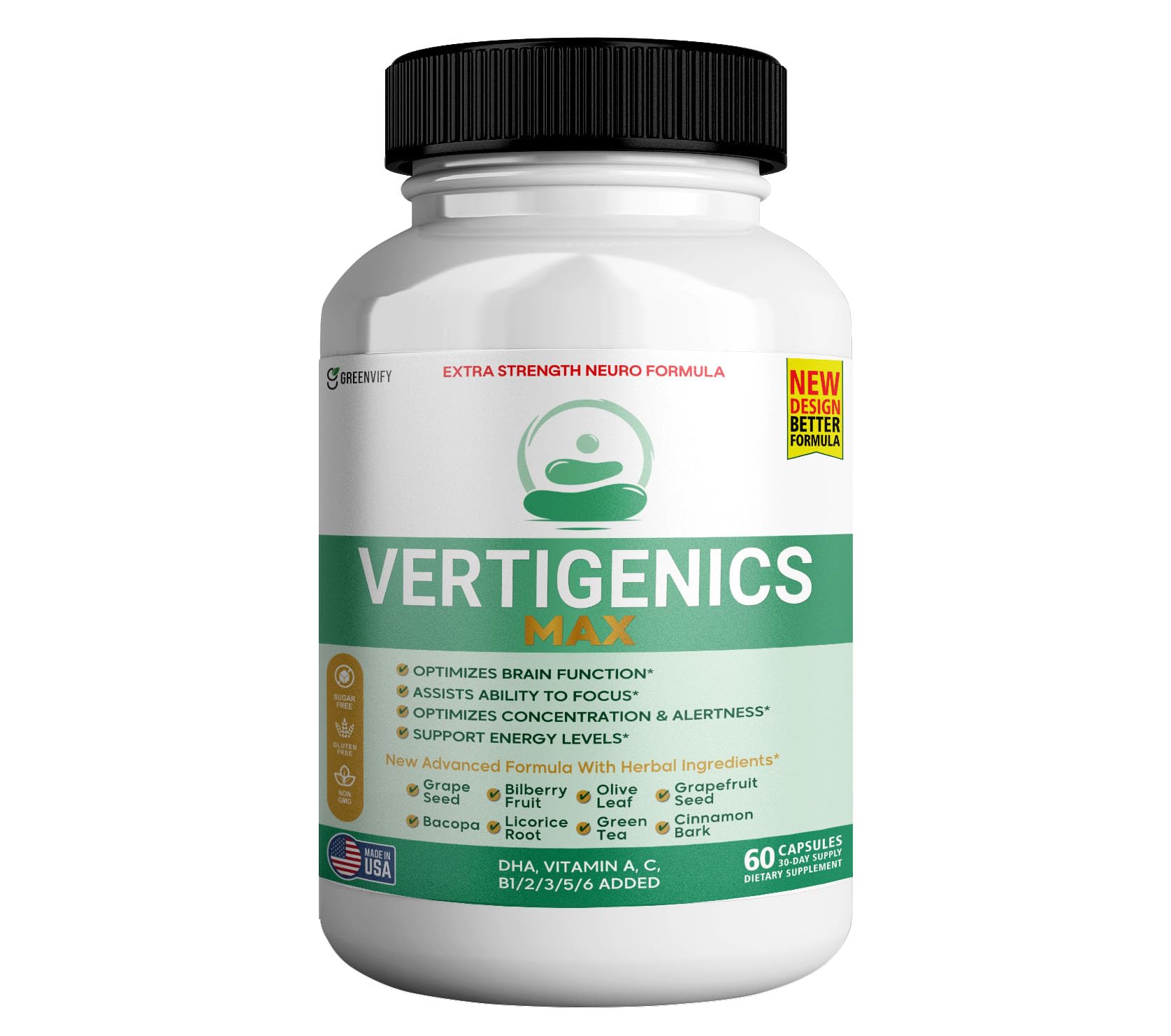 Vertigenics Max bottle pouring, highlighting brain clarity support for focused work.