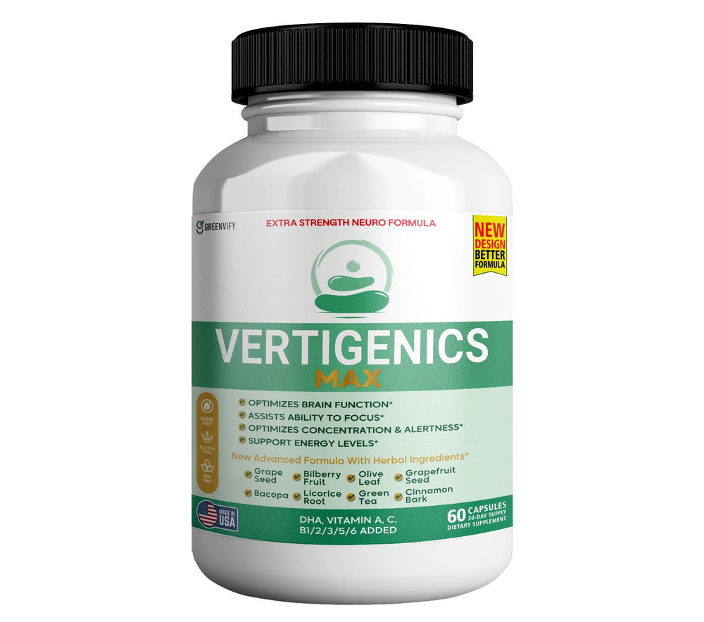 Vertigenics Max bottle pouring, highlighting brain clarity support for focused work.