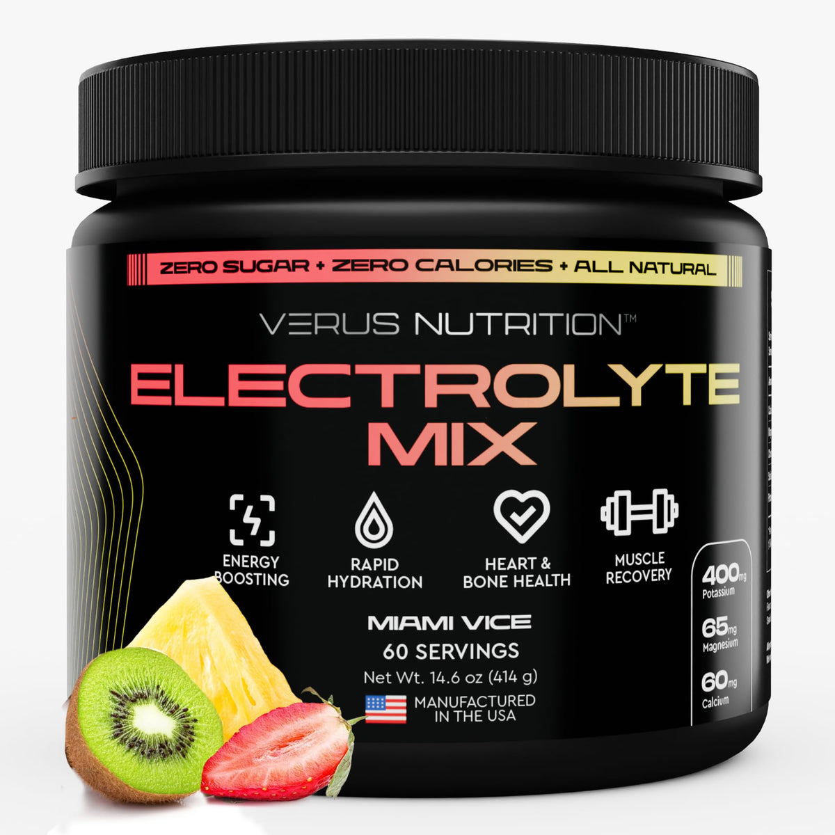VERUS NUTRITION Electrolytes Miami Vice bottle for on-the-go hydration during workouts.