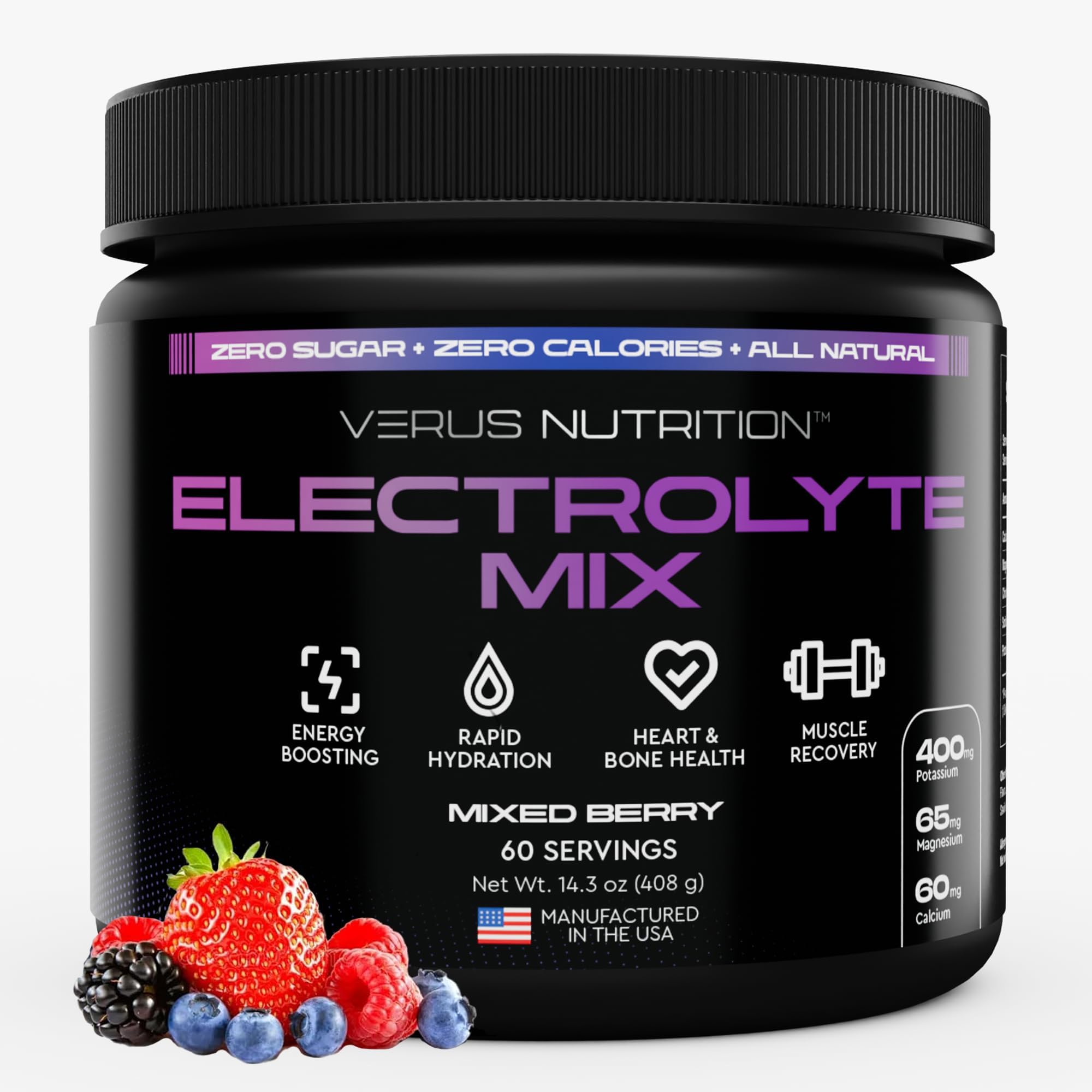 VERUS NUTRITION Electrolytes Mixed Berry bottle for zero sugar hydration on active days.