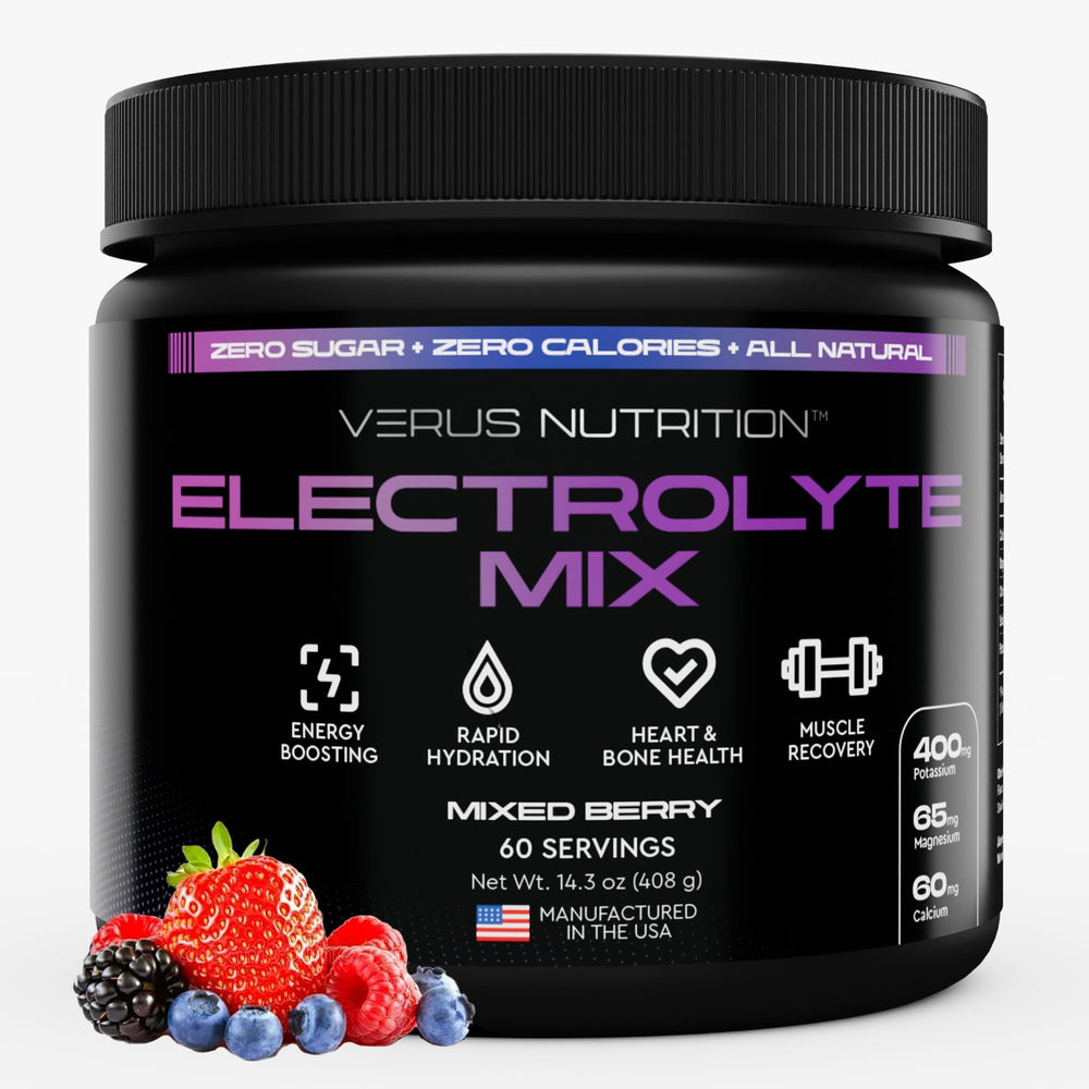 VERUS NUTRITION Electrolytes Mixed Berry bottle for zero sugar hydration on active days.