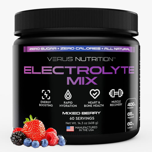 VERUS NUTRITION Electrolytes Mixed Berry bottle for zero sugar hydration on active days.
