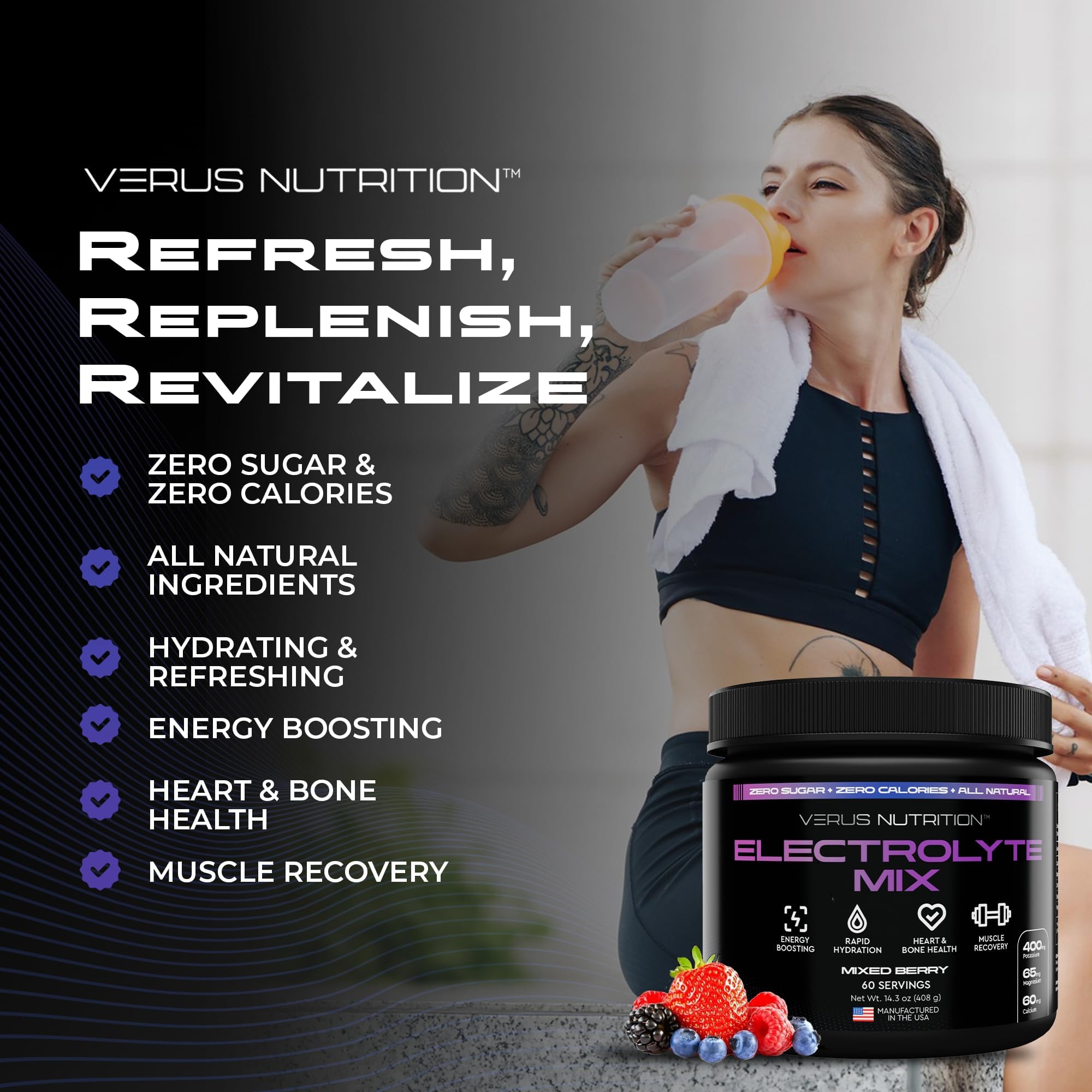Eco-friendly recyclable bottle by VERUS NUTRITION supports sustainability.