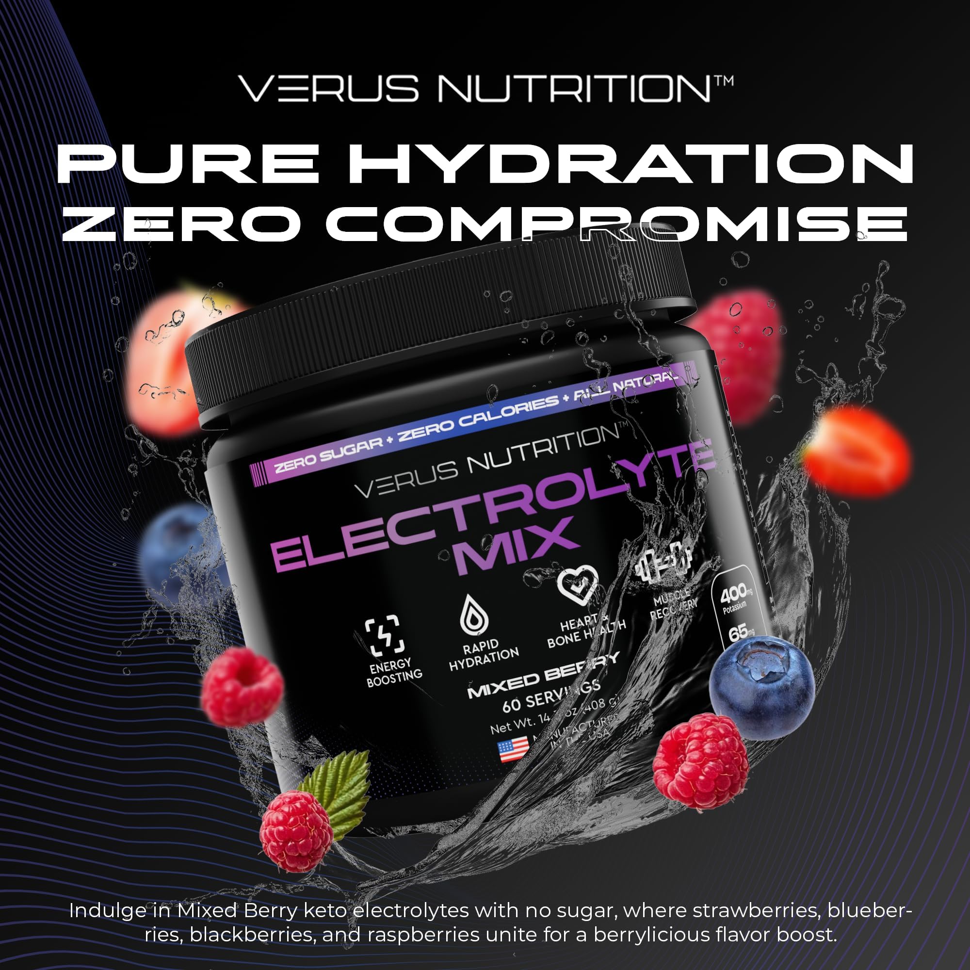 VERUS NUTRITION electrolytes mixed berry scoop shows easy keto dosing.
