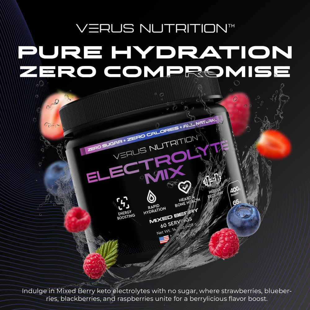 VERUS NUTRITION electrolytes mixed berry scoop shows easy keto dosing.