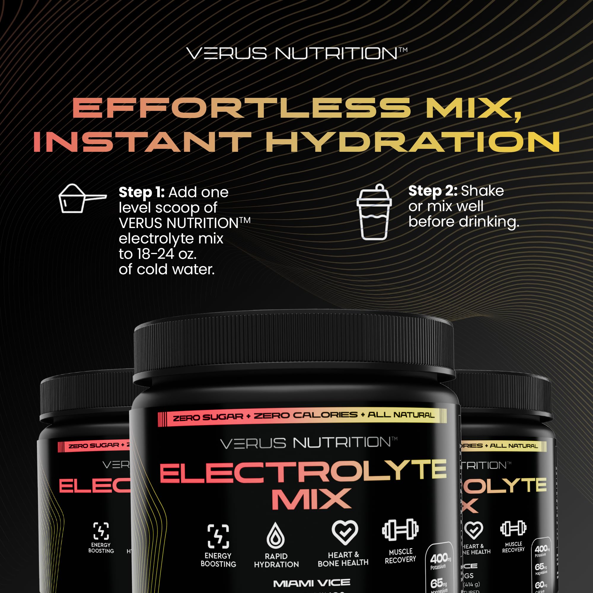 VERUS NUTRITION Electrolytes powder dissolving in water emphasizes fast mix and clean taste.