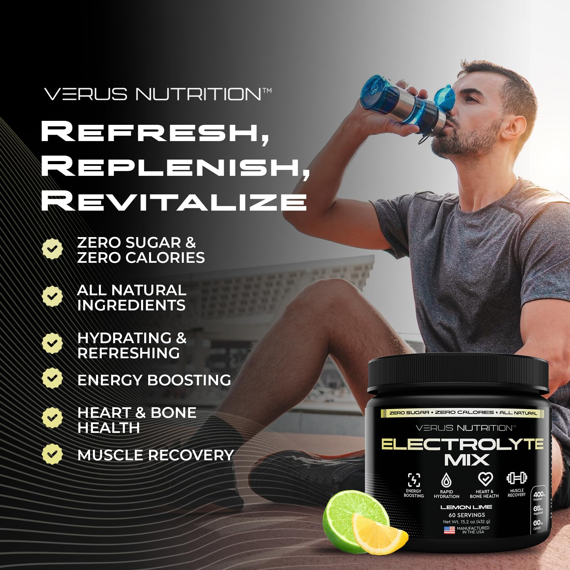 VERUS NUTRITION Electrolytes Powder holding-glass demonstrates ready-to-drink hydration.