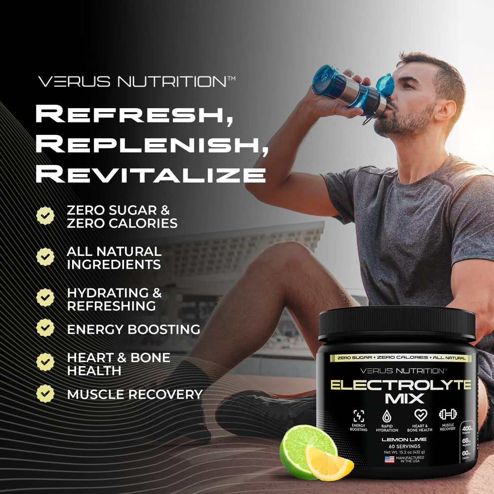 VERUS NUTRITION Electrolytes Powder holding-glass demonstrates ready-to-drink hydration.