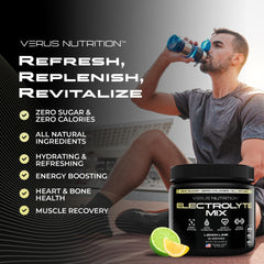 VERUS NUTRITION Electrolytes Powder holding-glass demonstrates ready-to-drink hydration.