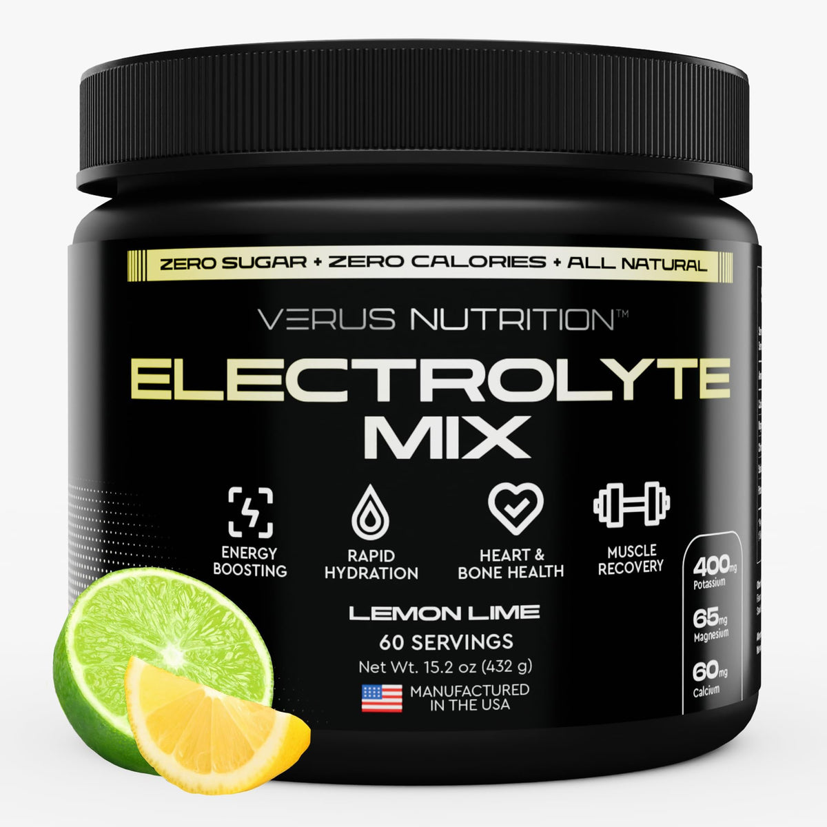 VERUS NUTRITION Electrolytes Powder Lemon Lime bottle for sugar-free hydration during workouts.