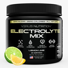 VERUS NUTRITION Electrolytes Powder Lemon Lime bottle for sugar-free hydration during workouts.