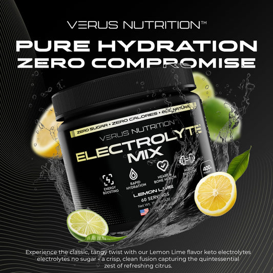 VERUS NUTRITION Electrolytes Powder Lemon Lime pour shows quick dissolution for on-the-go hydration.
