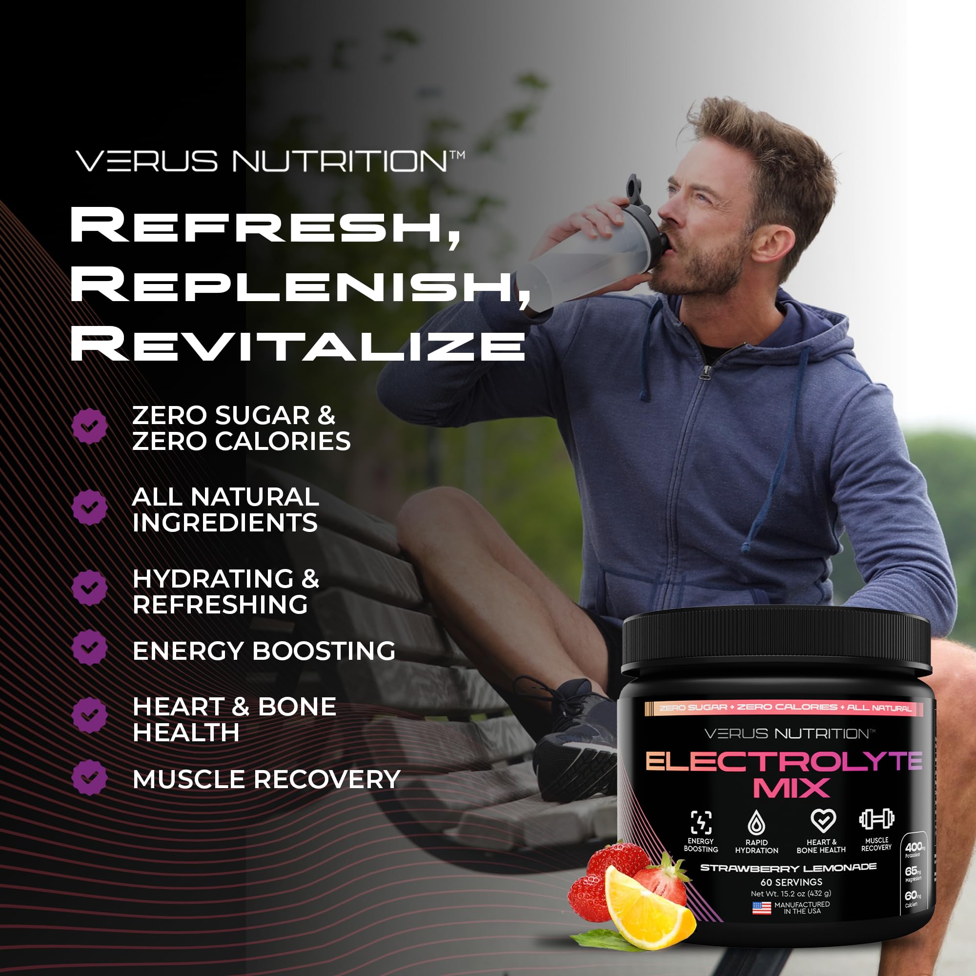 VERUS NUTRITION Lemon Lime electrolytes powder poured into water for refreshing flavor.