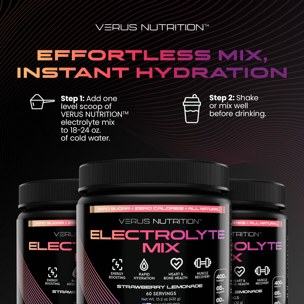 VERUS NUTRITION Miami Vice electrolytes powder splash in glass for energizing hydration.