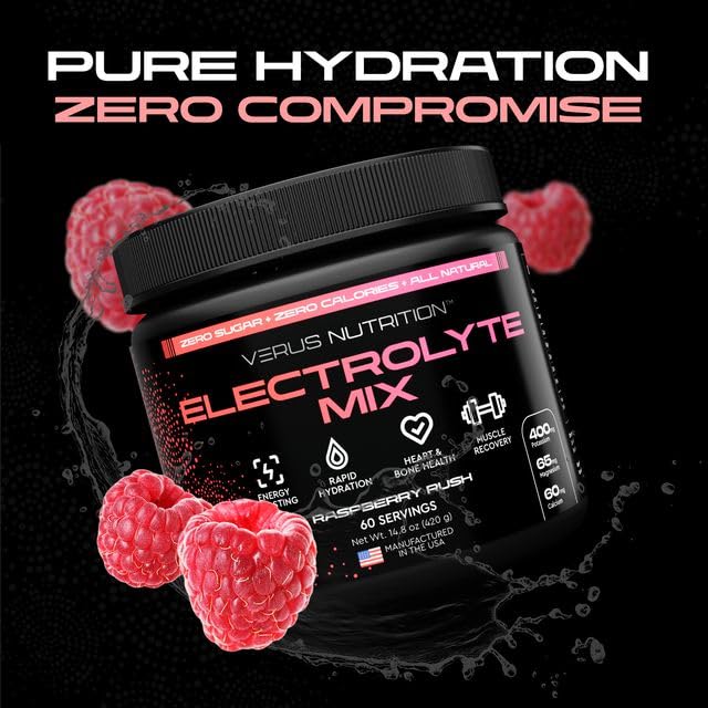 VERUS NUTRITION electrolytes powder Miami Vice flavor enhances workouts without sugar.