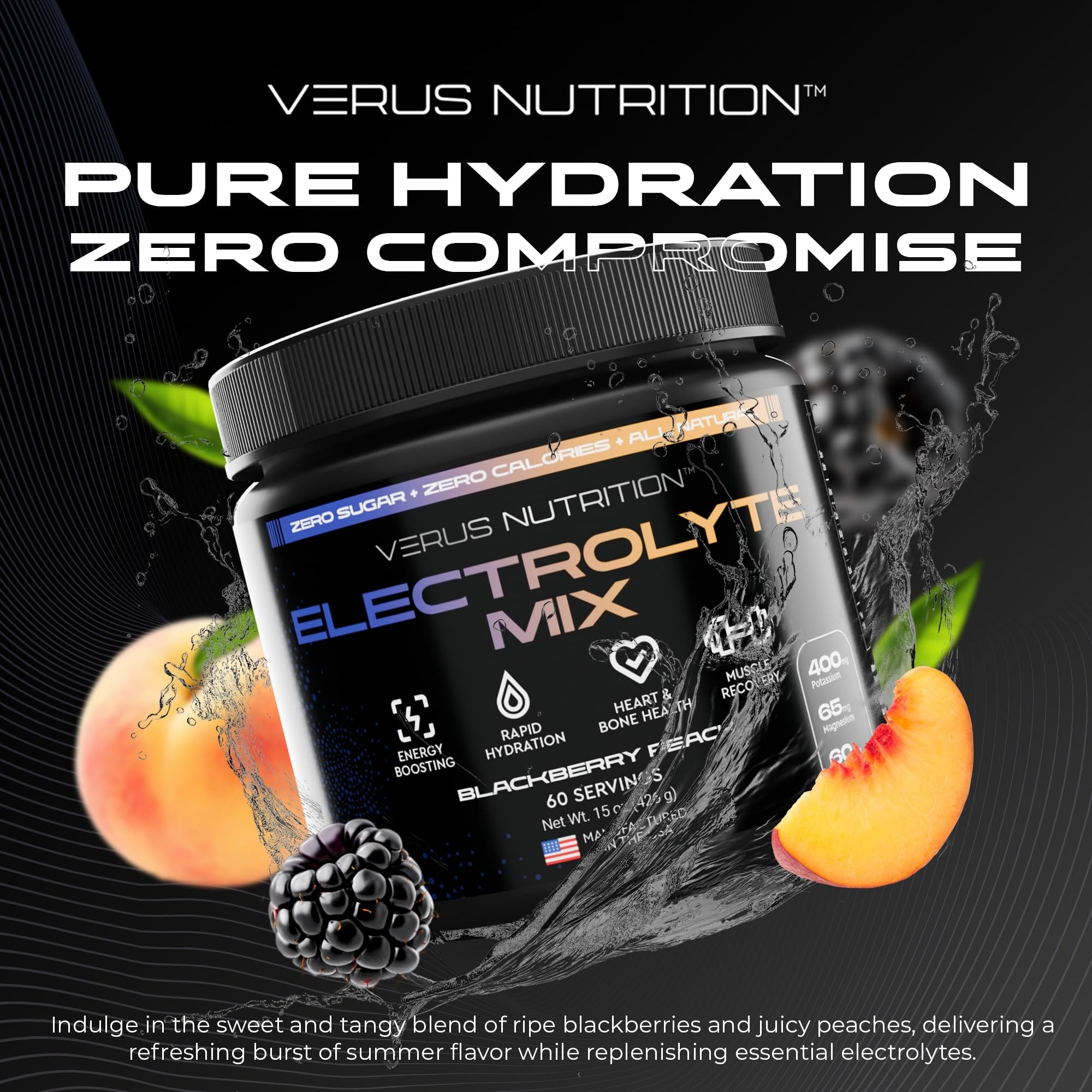 VERUS NUTRITION electrolytes powder jar close-up highlighting zero sugar formula for keto