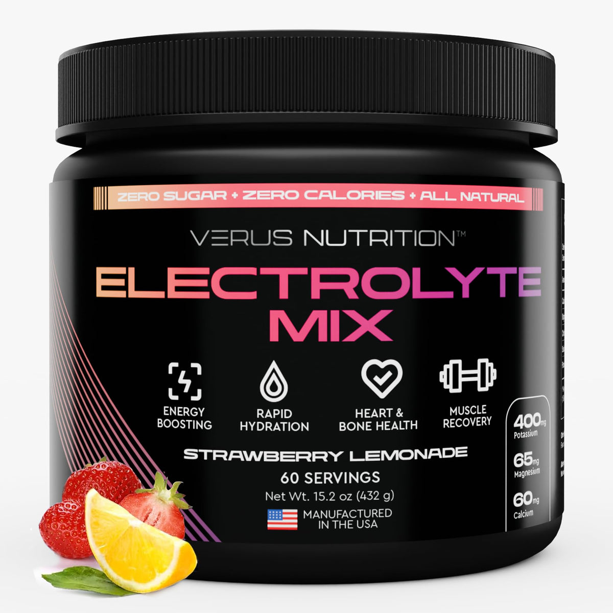 VERUS NUTRITION Strawberry Lemonade electrolytes powder tub for zero sugar hydration.
