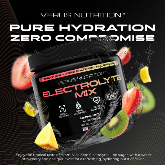 VERUS NUTRITION Strawberry Lemonade electrolytes powder dissolving in water for tasty hydration.