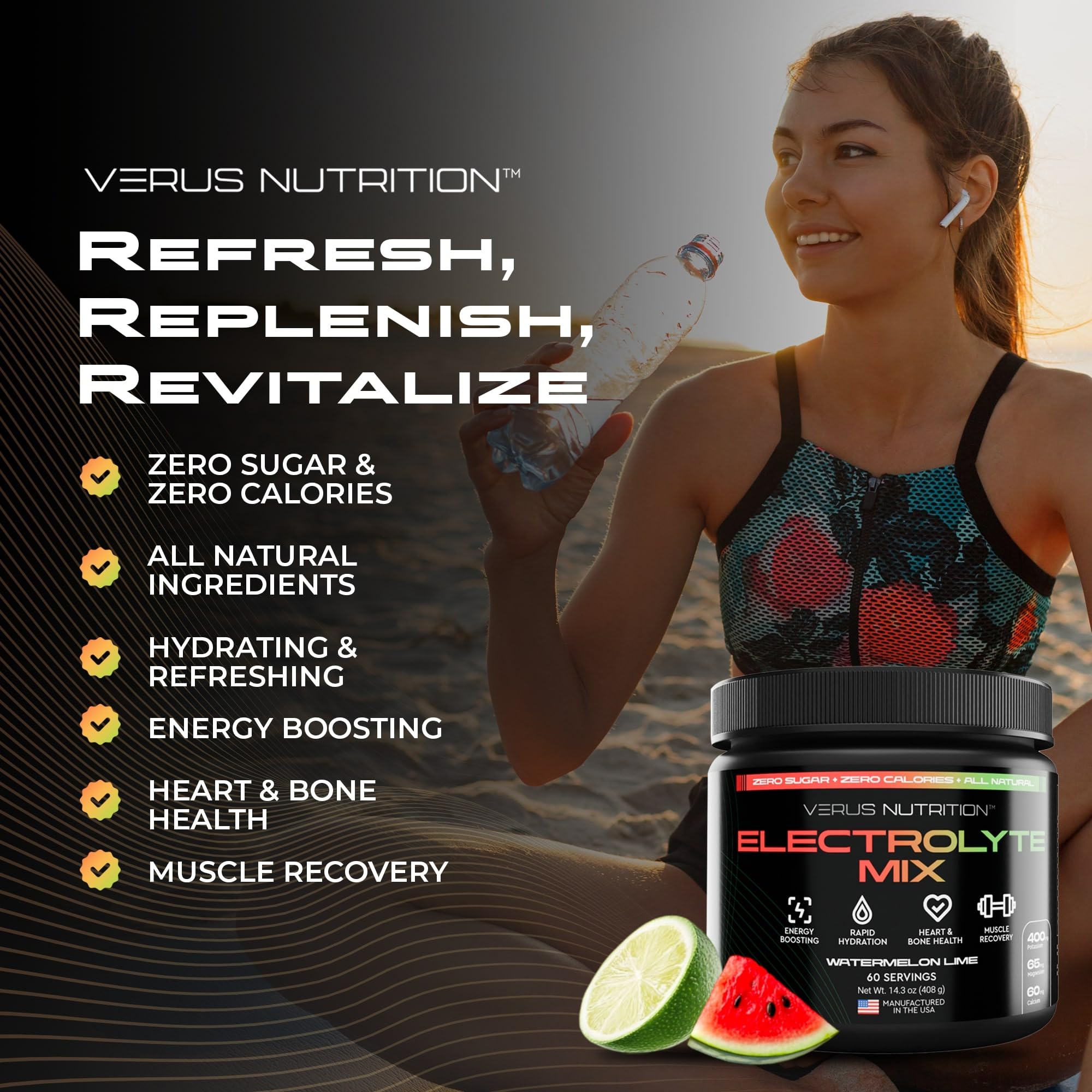 VERUS NUTRITION recyclable packaging symbol on bottle emphasizes eco-friendly hydration.