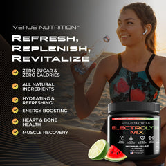 VERUS NUTRITION recyclable packaging symbol on bottle emphasizes eco-friendly hydration.