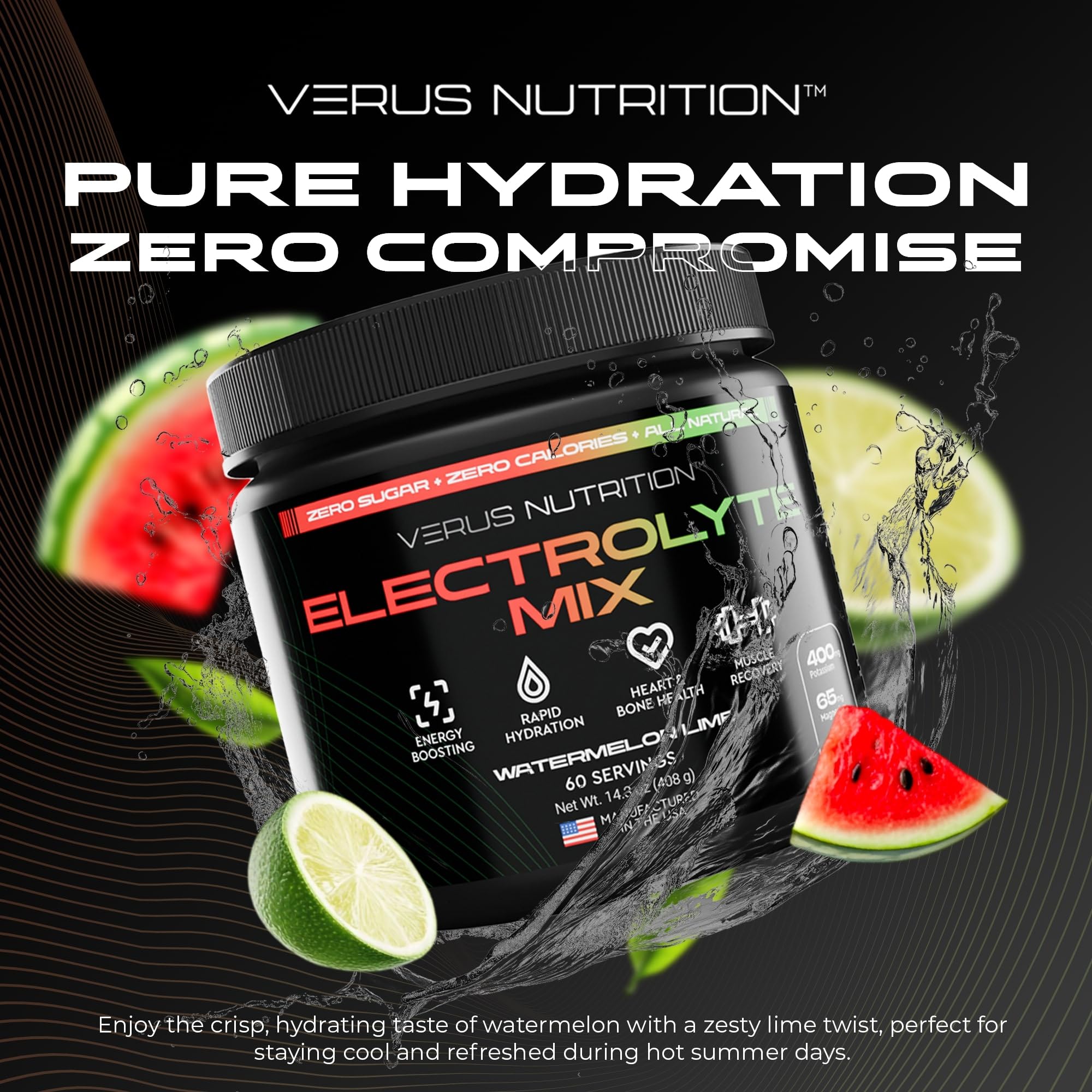 VERUS NUTRITION electrolytes Watermelon Lime glass pour delivering a refreshing flavor boost.
