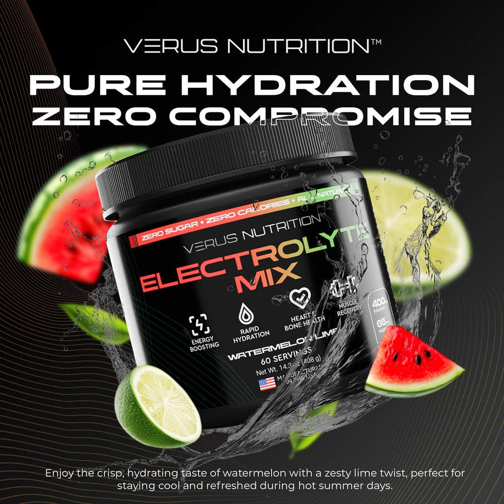 VERUS NUTRITION electrolytes Watermelon Lime glass pour delivering a refreshing flavor boost.