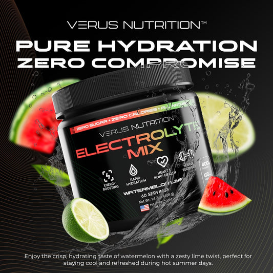 VERUS NUTRITION electrolytes Watermelon Lime glass pour delivering a refreshing flavor boost.