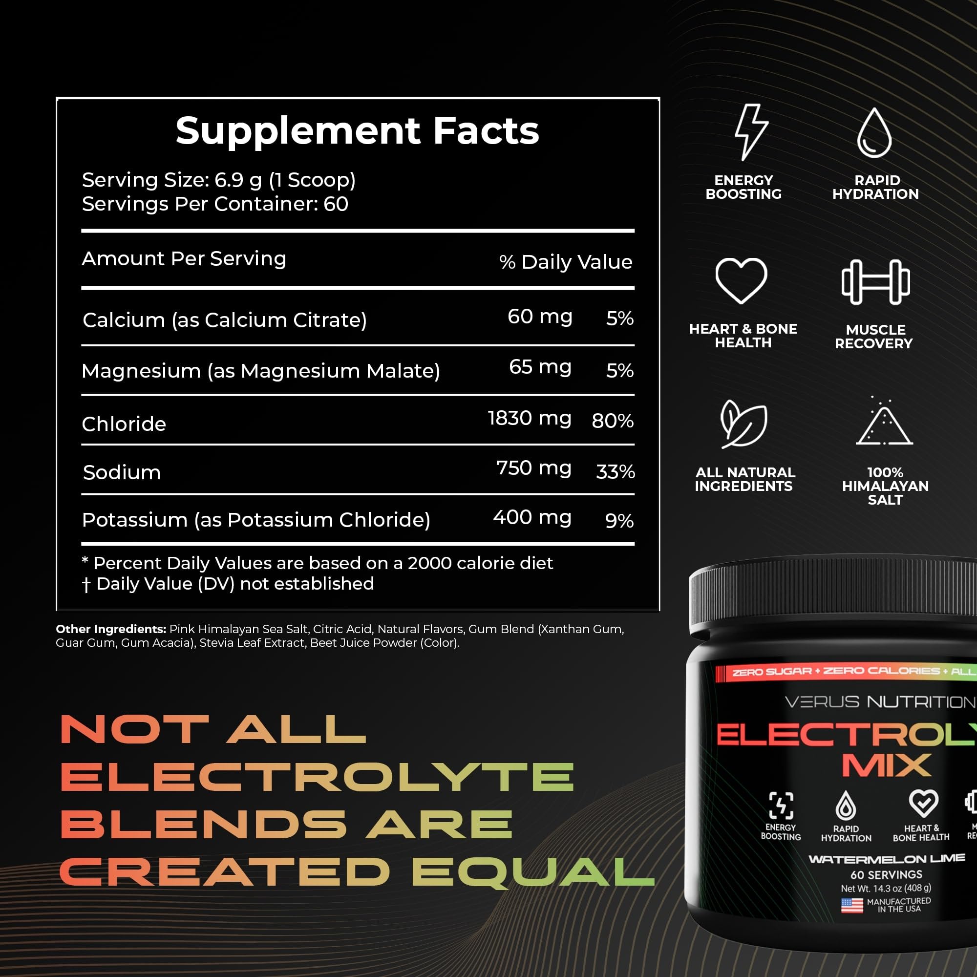 VERUS NUTRITION electrolyte powder tub close-up showing zero sugar claim.