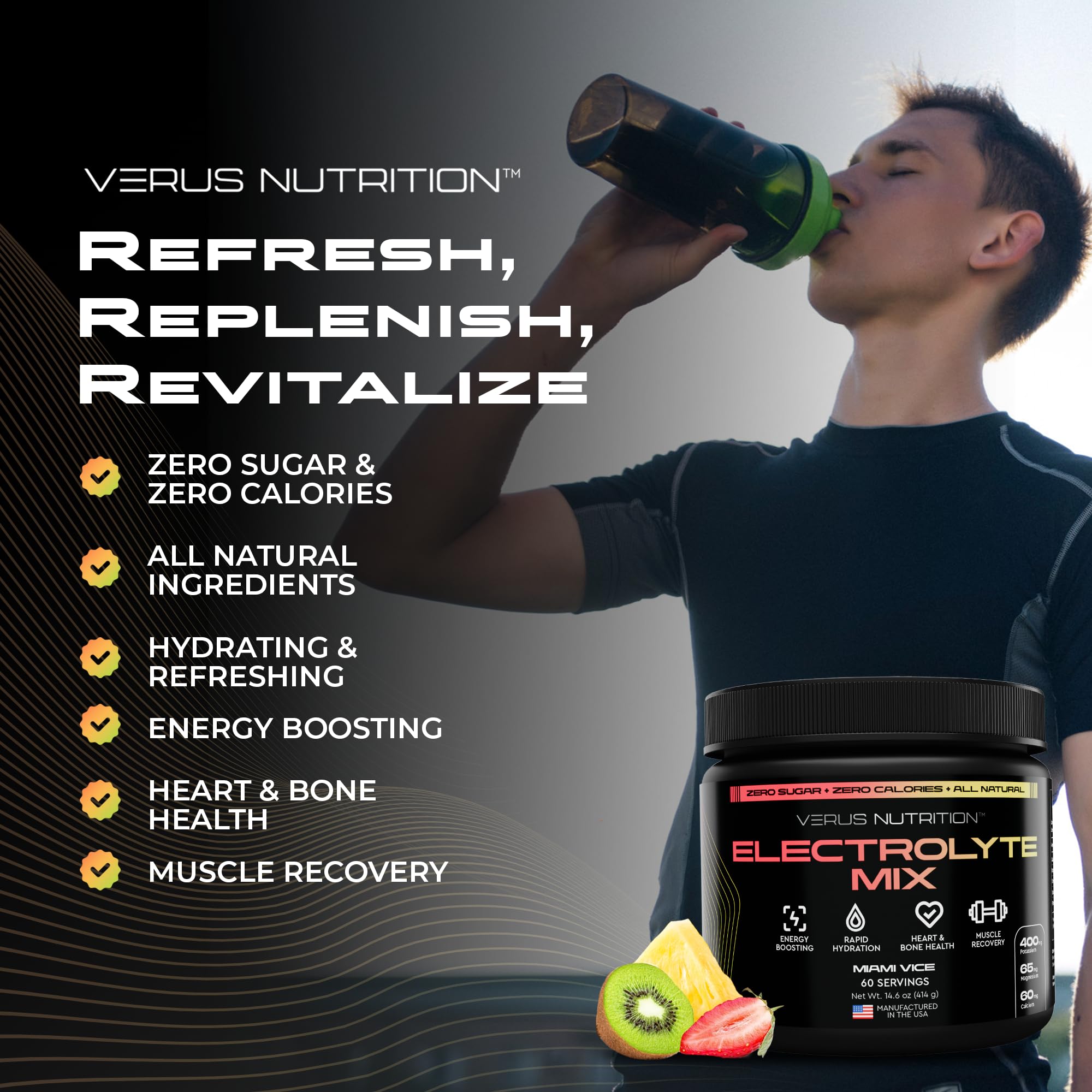 VERUS NUTRITION Zero Sugar bottle highlighting calorie-free hydration for everyday use.
