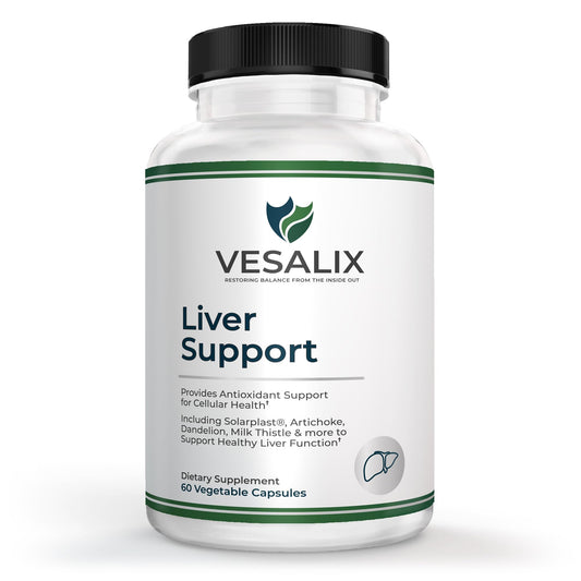 VESALIX Liver Support bottle front with 60 vegetarian capsules for daily wellness.