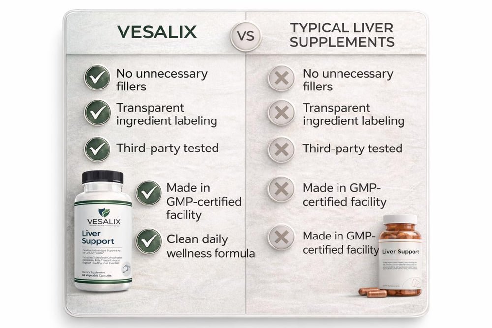 Top of the VESALIX Liver Support bottle emphasizing freshness and safety.