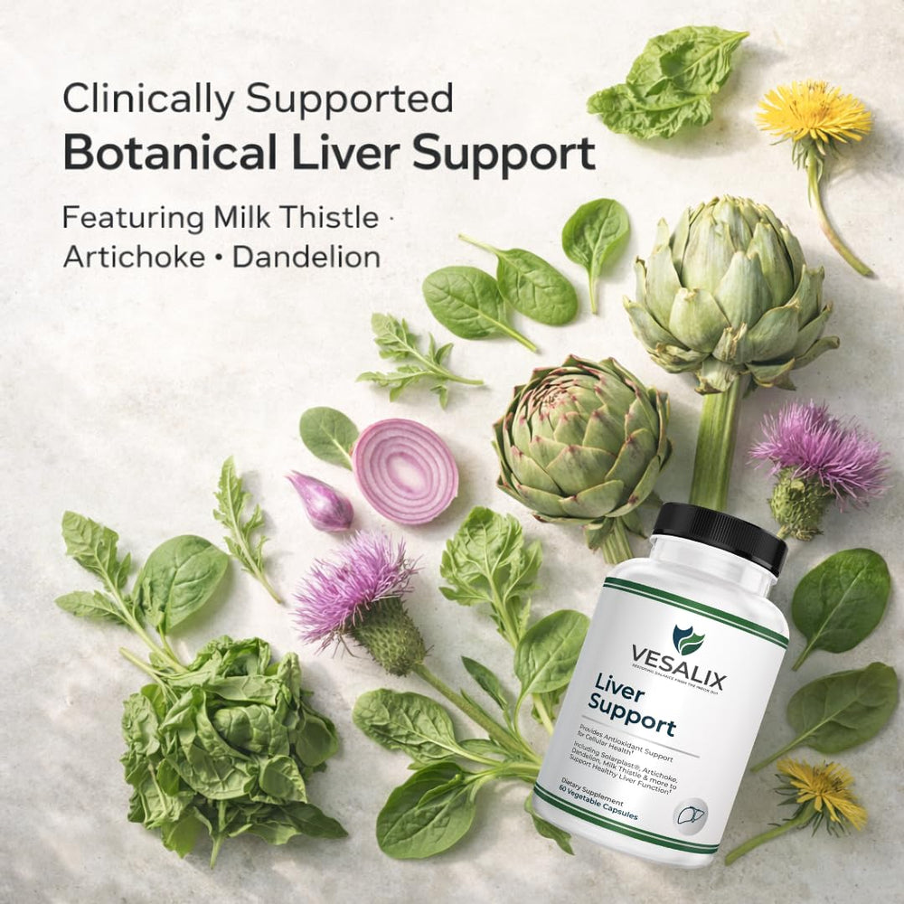 Vesalix Liver Support packaging communicates non-GMO vegetarian formula.