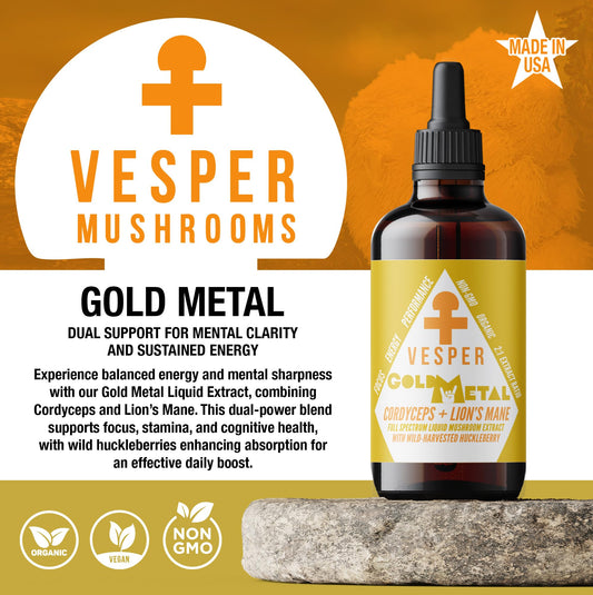 Vesper Mushrooms Gold Metal bottle label close-up, highlighting USA-grown quality.