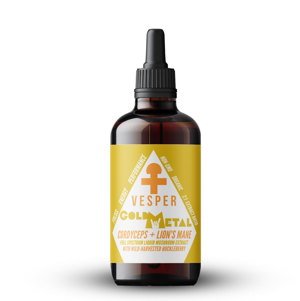 Vesper Mushrooms Gold Metal bottle pour, convenient daily use for focus and energy.