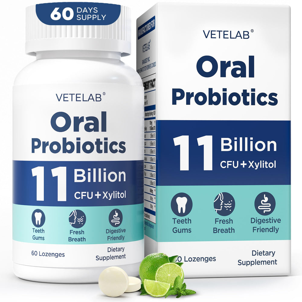 VeteLab oral probiotics lozenges front view promoting fresh breath and daily balance.