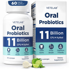 VeteLab oral probiotics lozenges front view promoting fresh breath and daily balance.