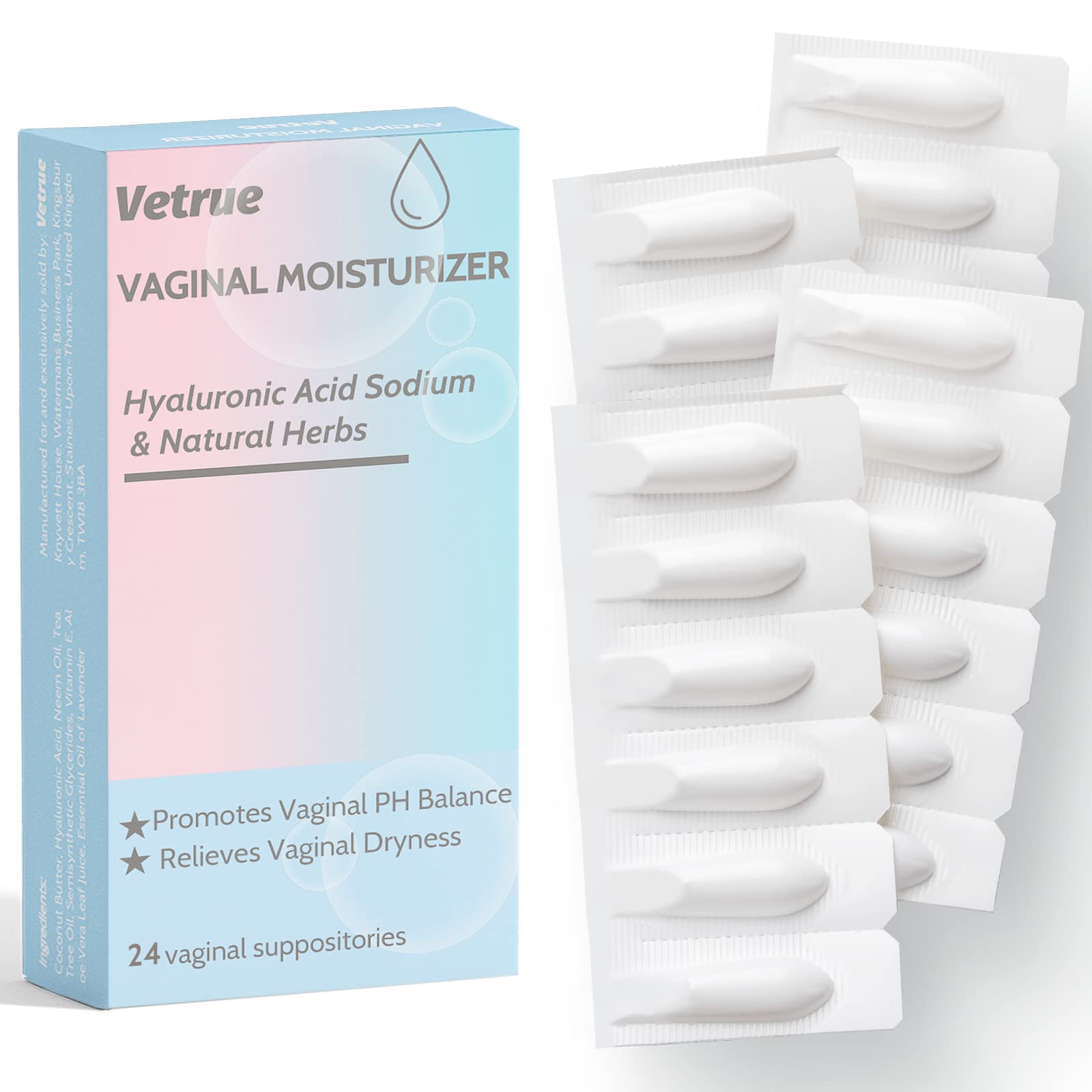 Vetrue intimate moisturizer ovule box with 24 inserts for long-lasting hydration.