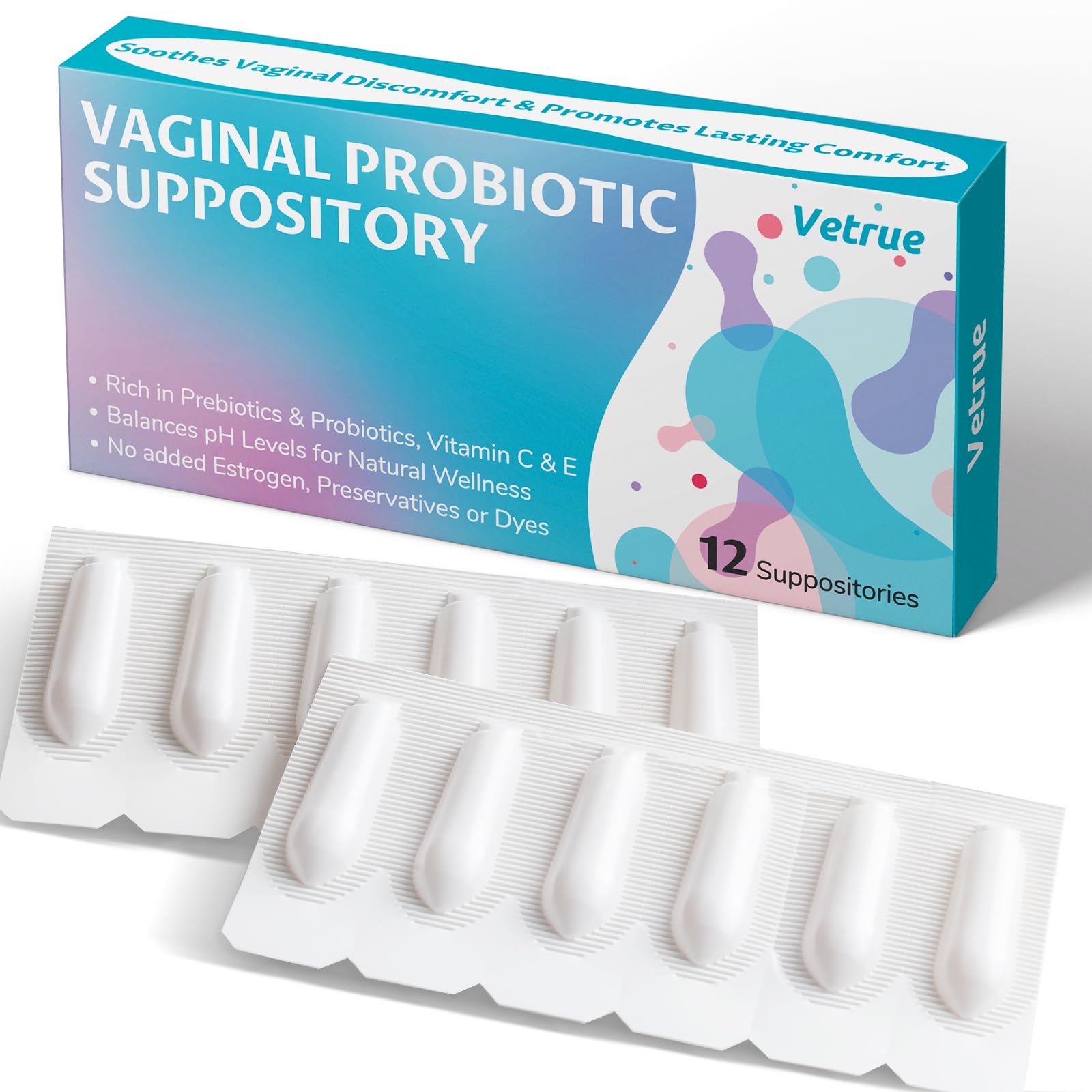 Vetrue vaginal probiotic suppository packaging showing natural non-GMO formula